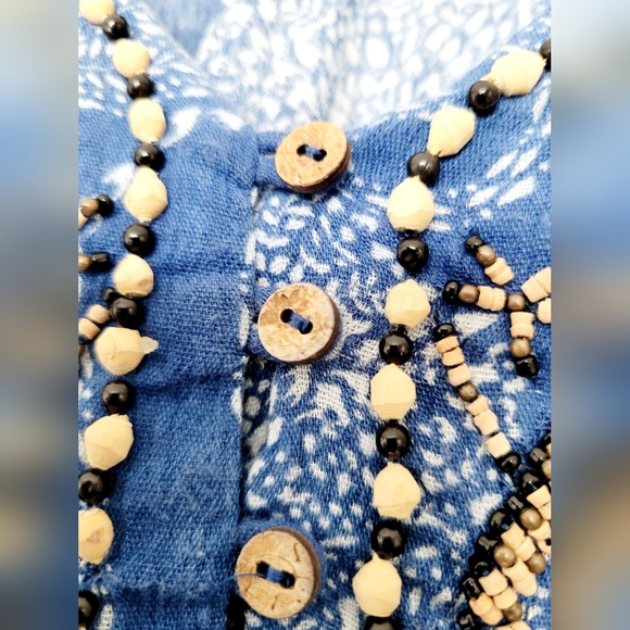 Lucky Brand Women's Boho Blouse Cotton/Rayon Beaded Blue/White Small - Picture 7 of 16